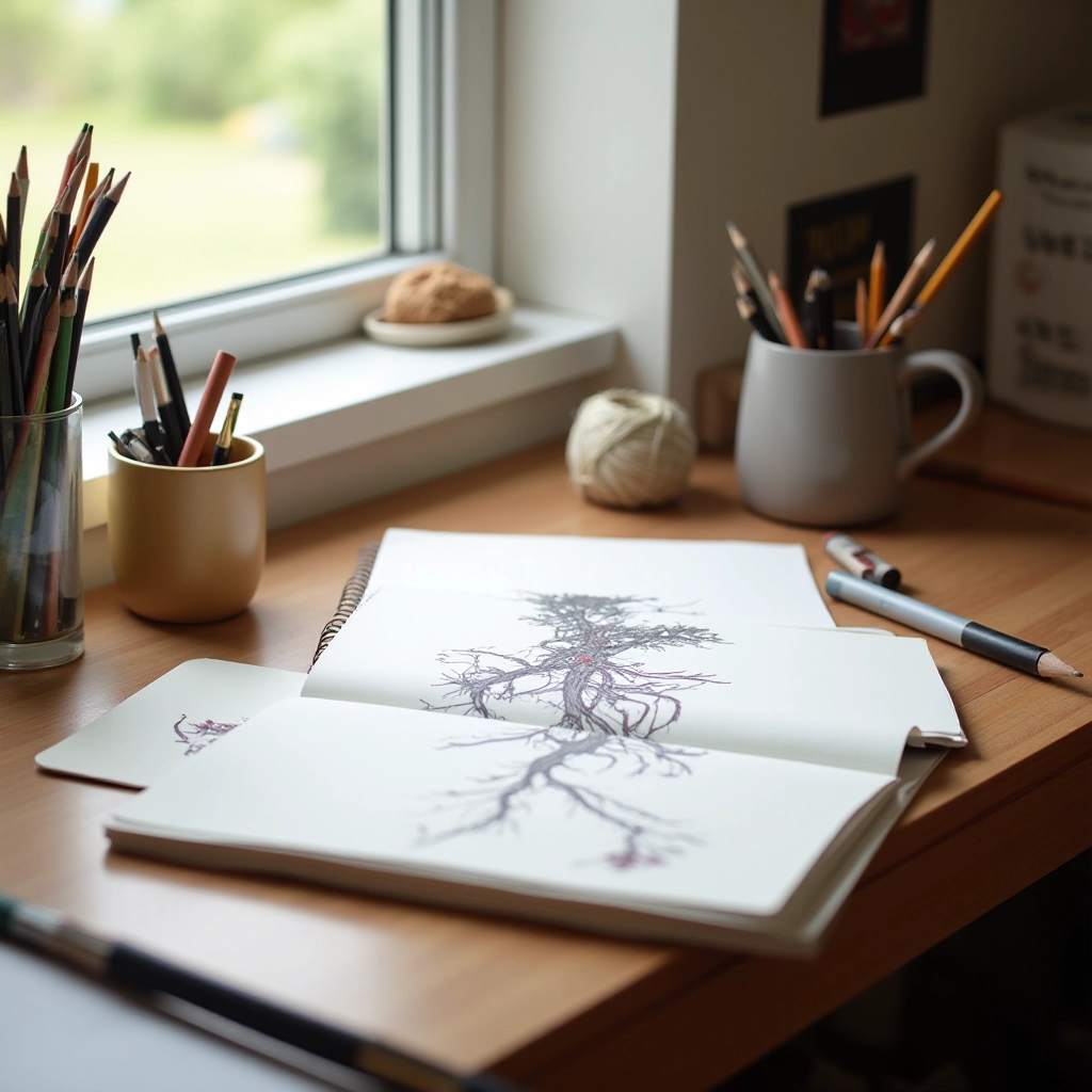 Artist's workspace with colored pencils, sketchbook, and detailed illustration in progress on wooden desk