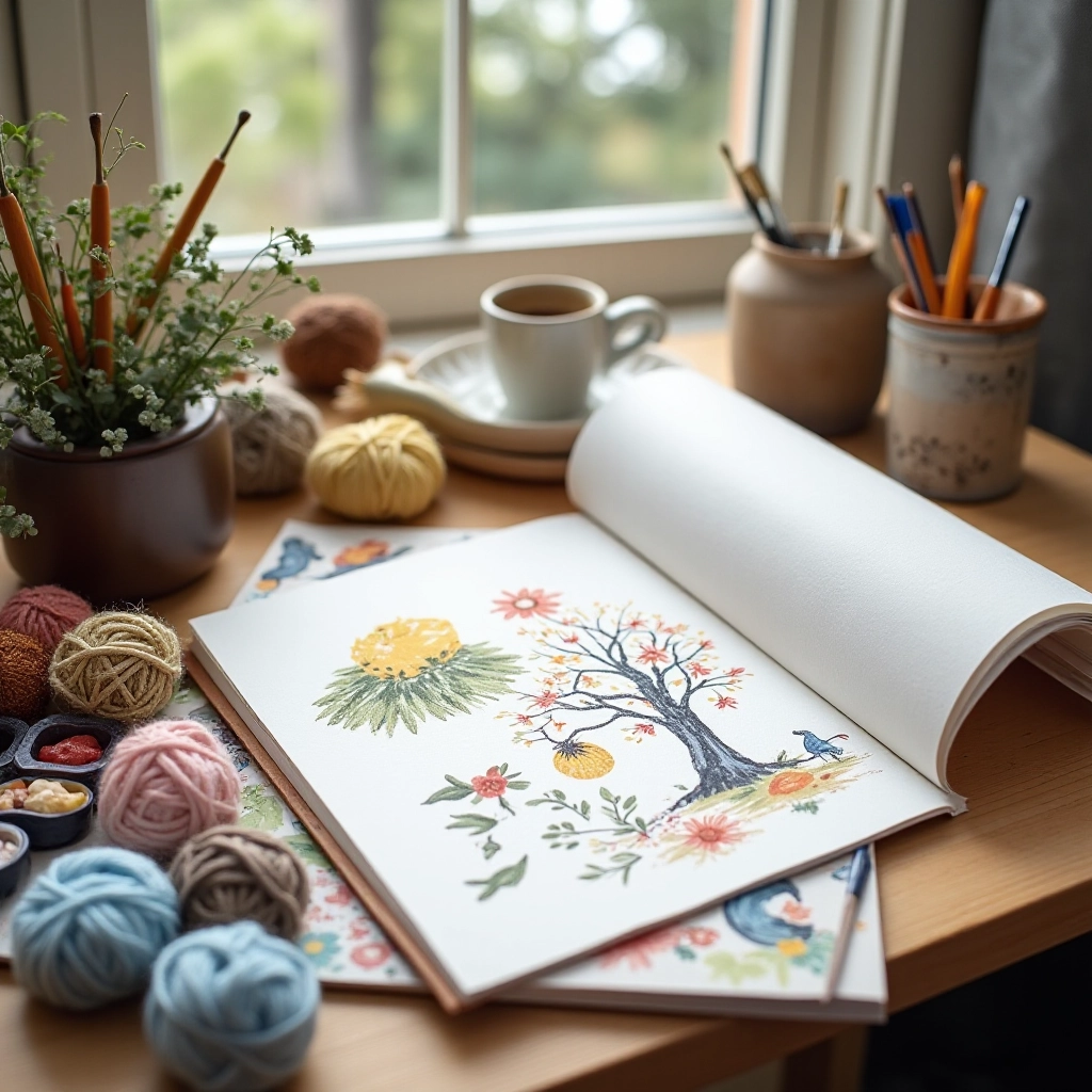 Artist's workspace with Clairefontaine sketchbook, watercolor palette, brushes, and sketches showing various illustration techniques