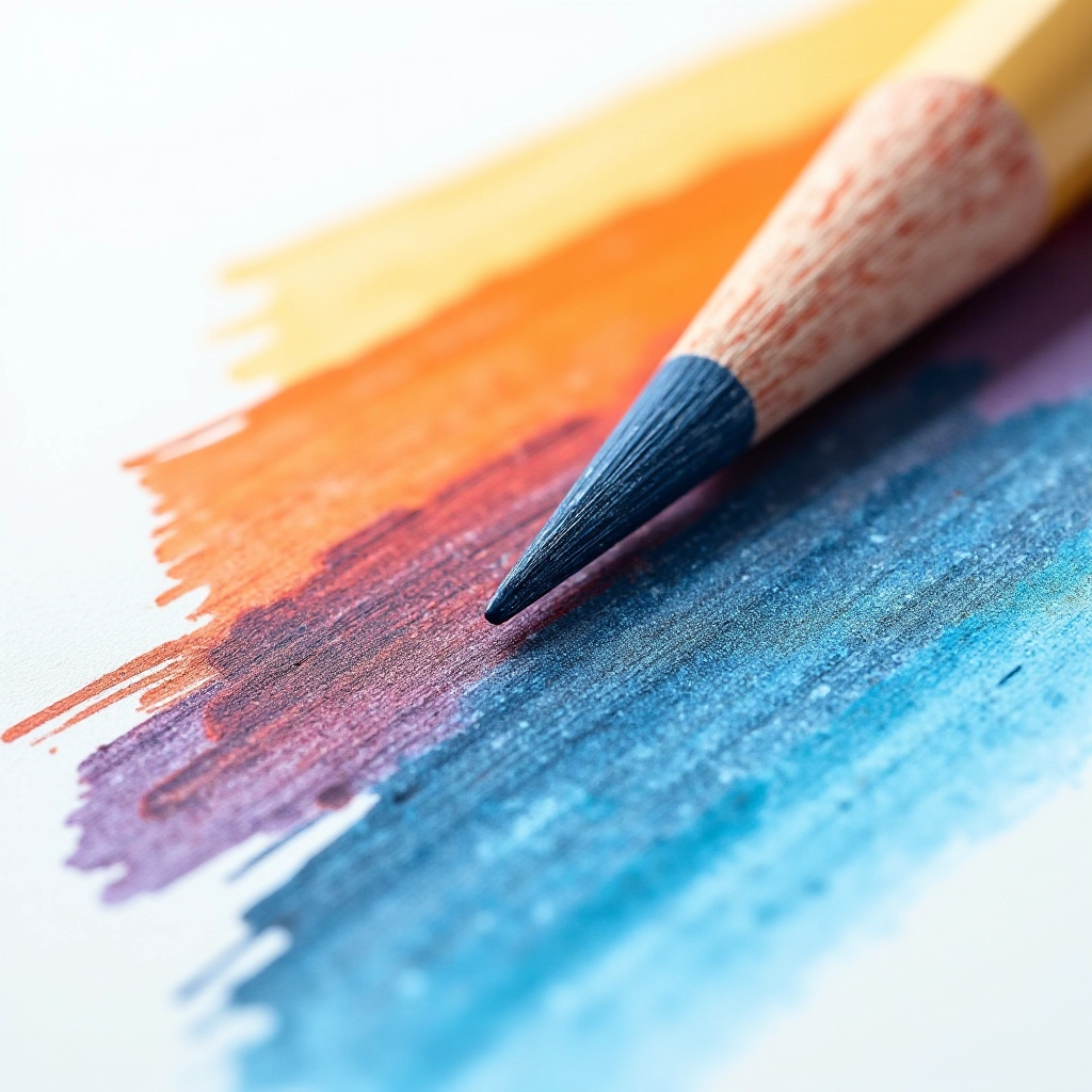 Close-up of colored pencil strokes showing smooth blending transitions from warm to cool tones, layered technique demonstration