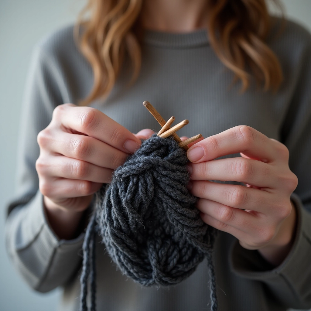 Knitter working on a charcoal grey sweater using worsted weight yarn, needles and project shown mid-stitch with focused detail