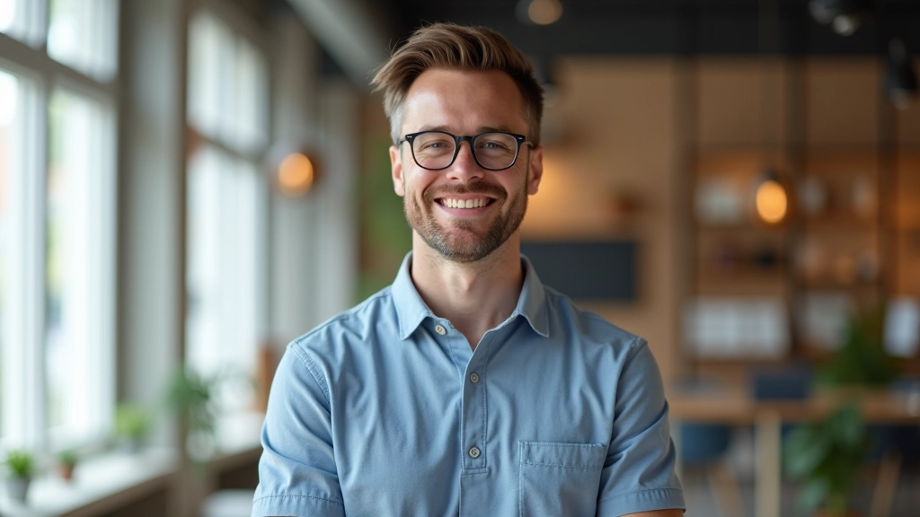 Lukáš, customer care representative helping crafters find perfect supplies, portrait from chest up, office setting, natural lighting, sharp focus, NO text